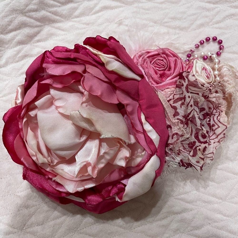 Oversized large pink satin lace pearl headband bow hair accessory fascinator